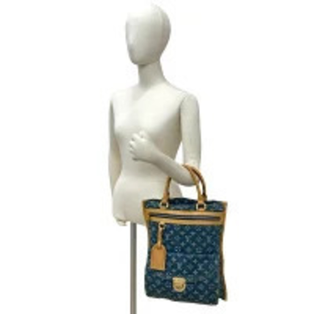 Louis Vuitton Bag Flat Denim Shopper Tote Blue Handbag Beige Leather Monogram